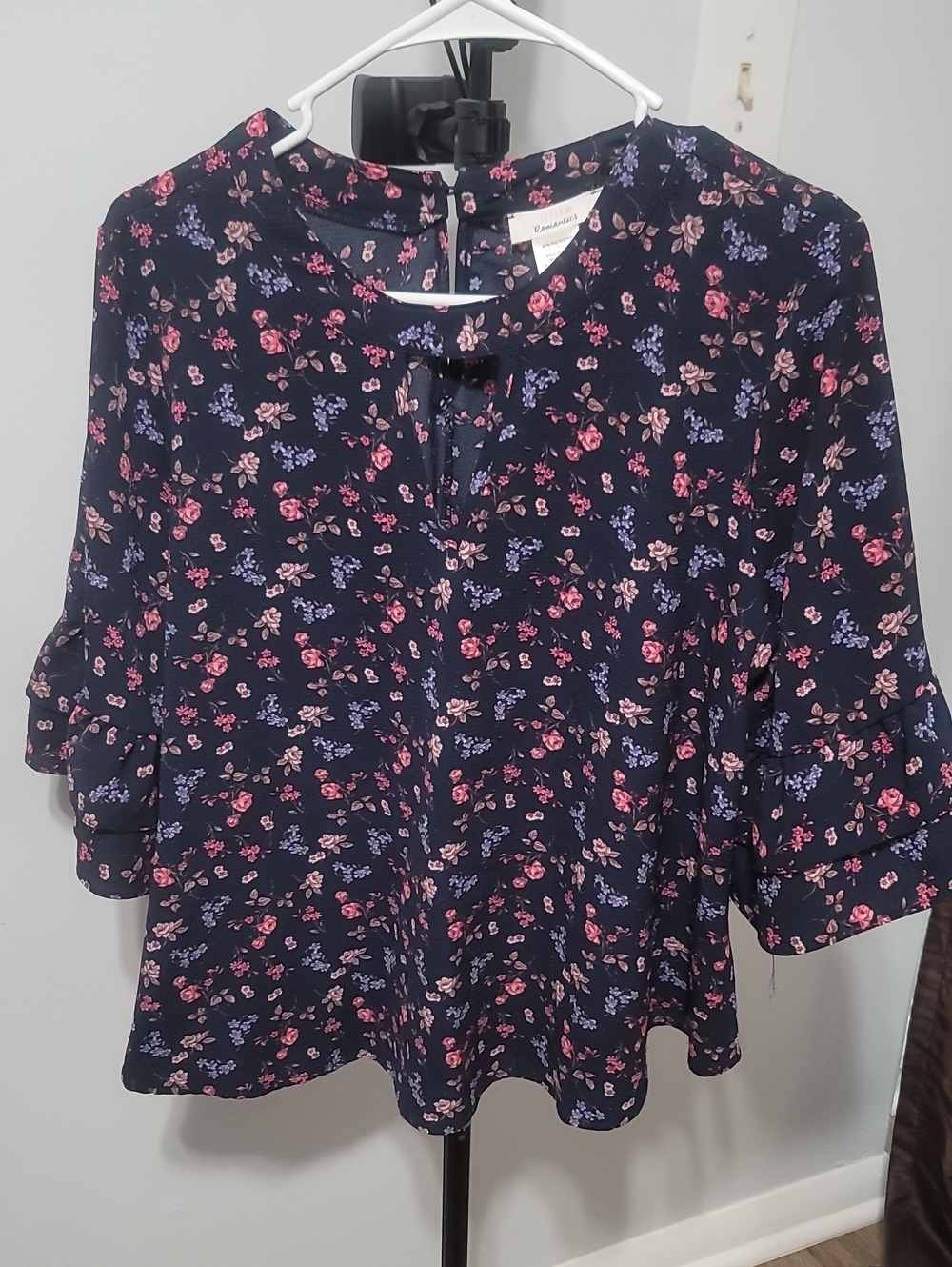 Dark Floral Button-Up Top - Navy with Pink & Lavender Flowers